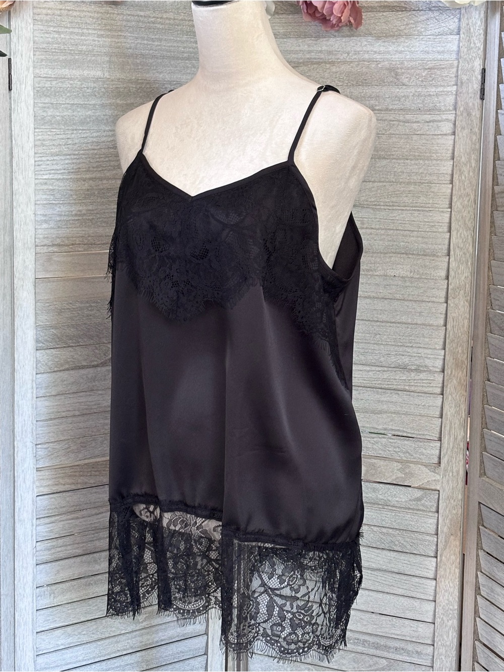 Elegant Plus SZ Camisole Black Lace Trim Top w/ Soft Satin Sheen Plus Size 16/18
